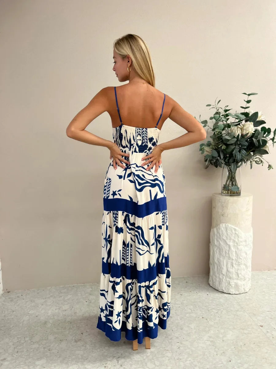 Vacation Dresses- Women Tropical Print Vacation Cami Maxi Dress- - Pekosa Women Fashion