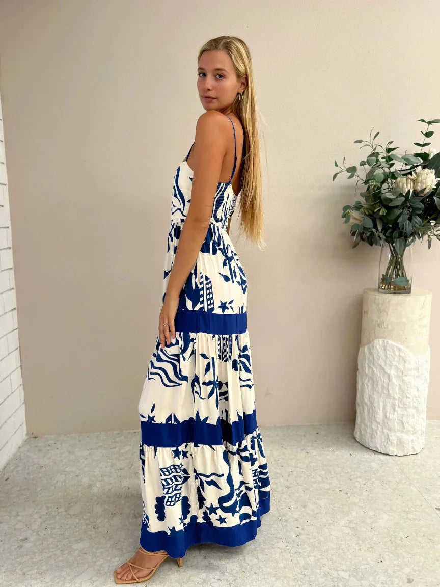 Vacation Dresses- Women Tropical Print Vacation Cami Maxi Dress- - Pekosa Women Fashion