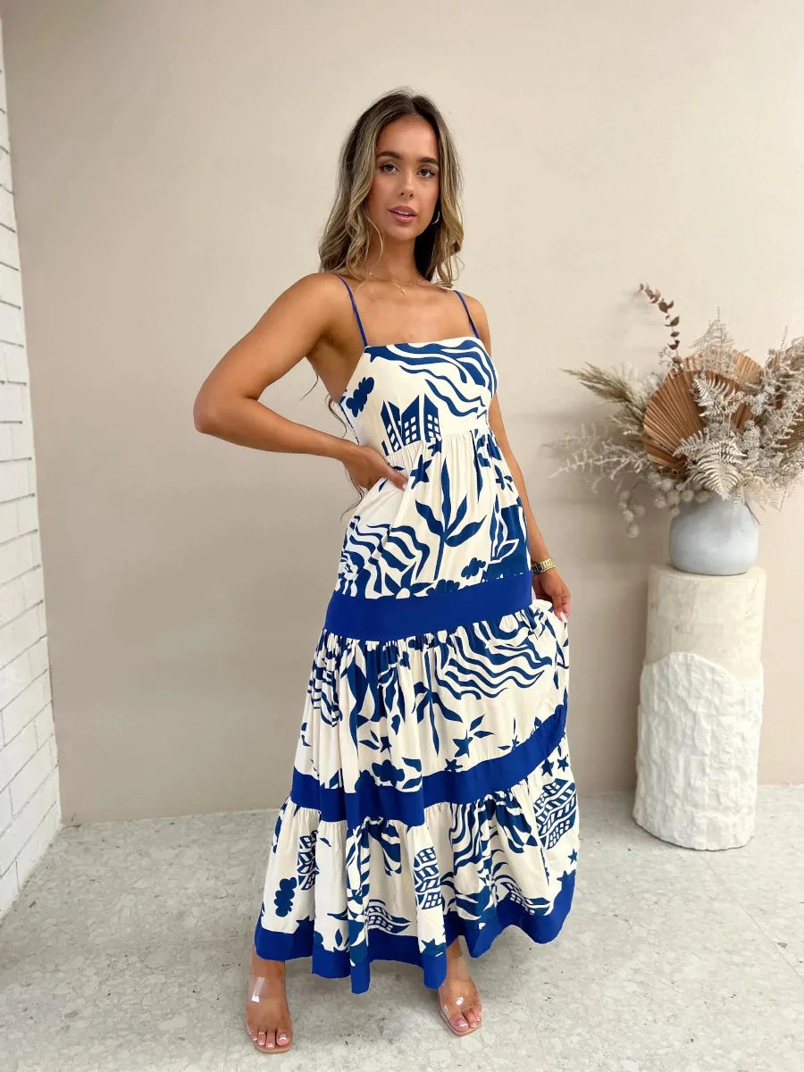 Vacation Dresses- Women Tropical Print Vacation Cami Maxi Dress- Blue- Pekosa Women Fashion