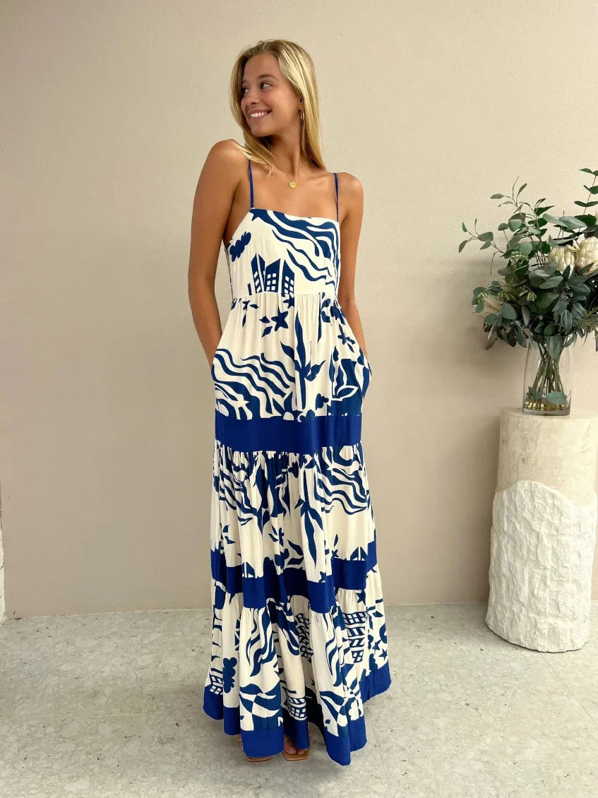 Vacation Dresses- Women Tropical Print Vacation Cami Maxi Dress- - Pekosa Women Fashion