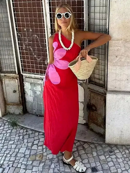 Vacation Dresses- Women Vibrant Asymmetric Dress with Cutout Side- Red- Pekosa Women Fashion