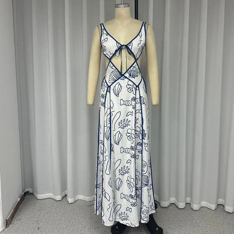 Vacation Dresses- Women's Blue Print Backless Maxi Dress for Summer- - Pekosa Women Fashion