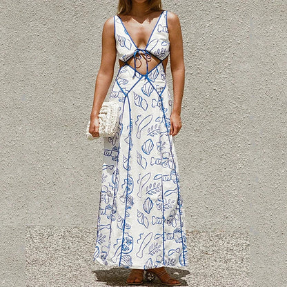 Vacation Dresses- Women's Blue Print Backless Maxi Dress for Summer- - Pekosa Women Fashion