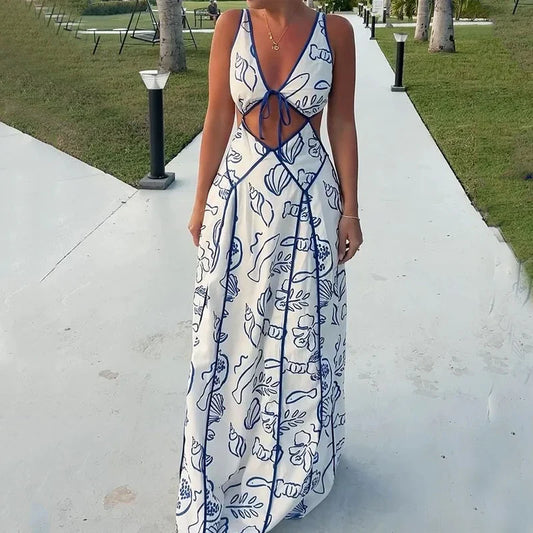 Vacation Dresses- Women's Blue Print Backless Maxi Dress for Summer- Blue- Pekosa Women Fashion