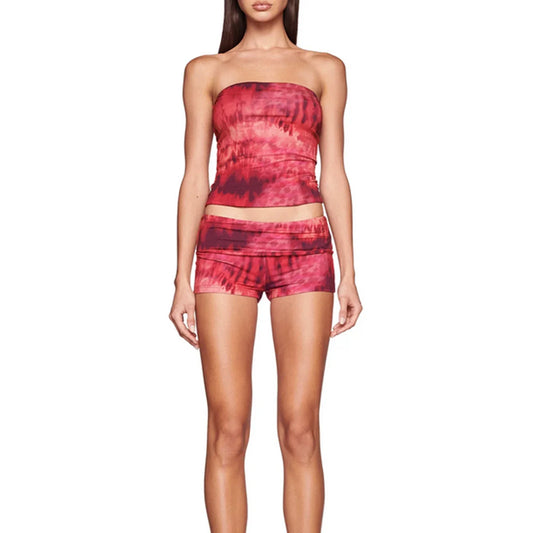 Vacation Outfit Set- Abstract Print 2-Piece Summer Outfit - Tube Top & Shorts- Red- Pekosa Women Fashion