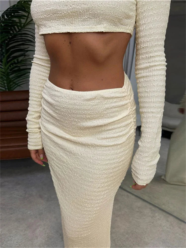 Vacation Outfit Set- Cream Textured Two-Piece Set - Cropped Top and Skirt- - Pekosa Women Fashion