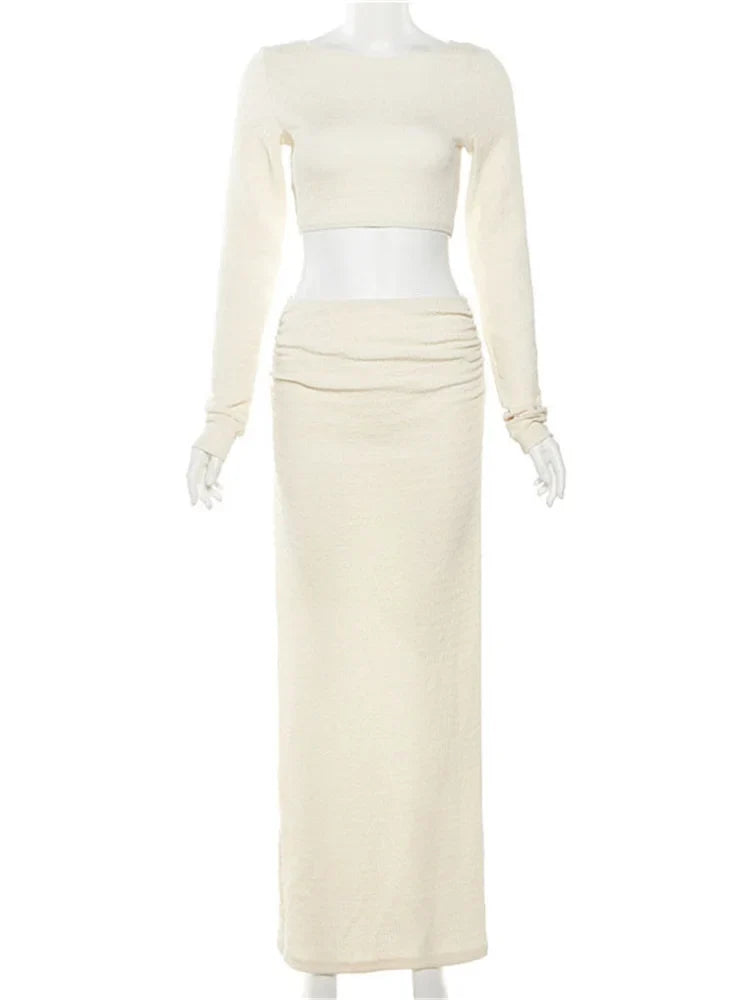 Vacation Outfit Set- Cream Textured Two-Piece Set - Cropped Top and Skirt- - Pekosa Women Fashion