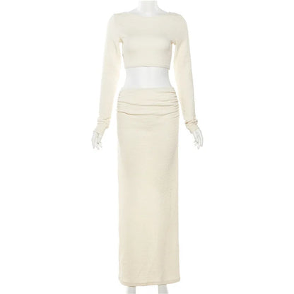 Vacation Outfit Set- Cream Textured Two-Piece Set - Cropped Top and Skirt- - Pekosa Women Fashion