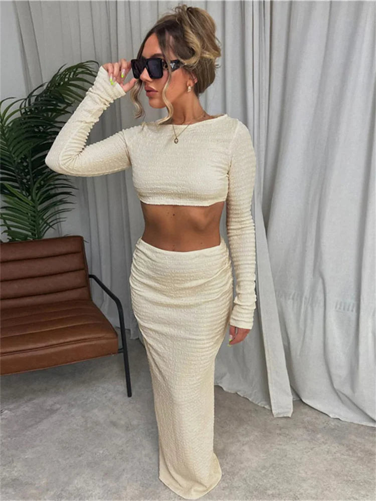 Vacation Outfit Set- Cream Textured Two-Piece Set - Cropped Top and Skirt- - Pekosa Women Fashion