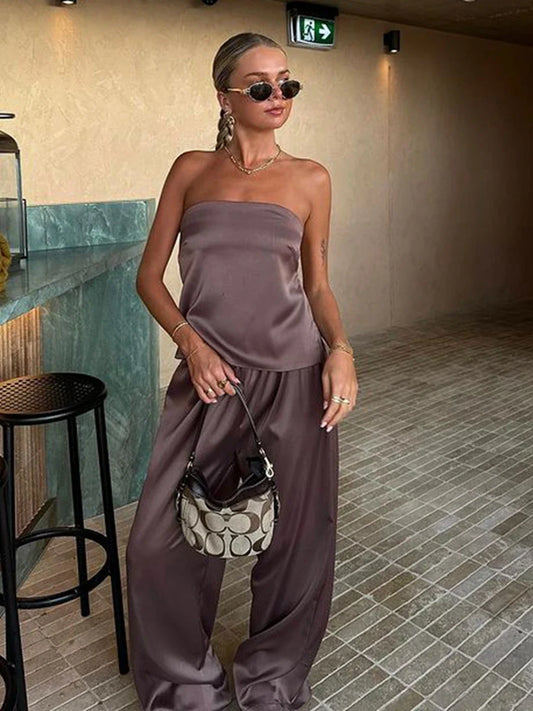 Vacation Outfit Set- Luxe Satin Duo Wide-Leg Pants & Strapless Backless Top- - Pekosa Women Fashion