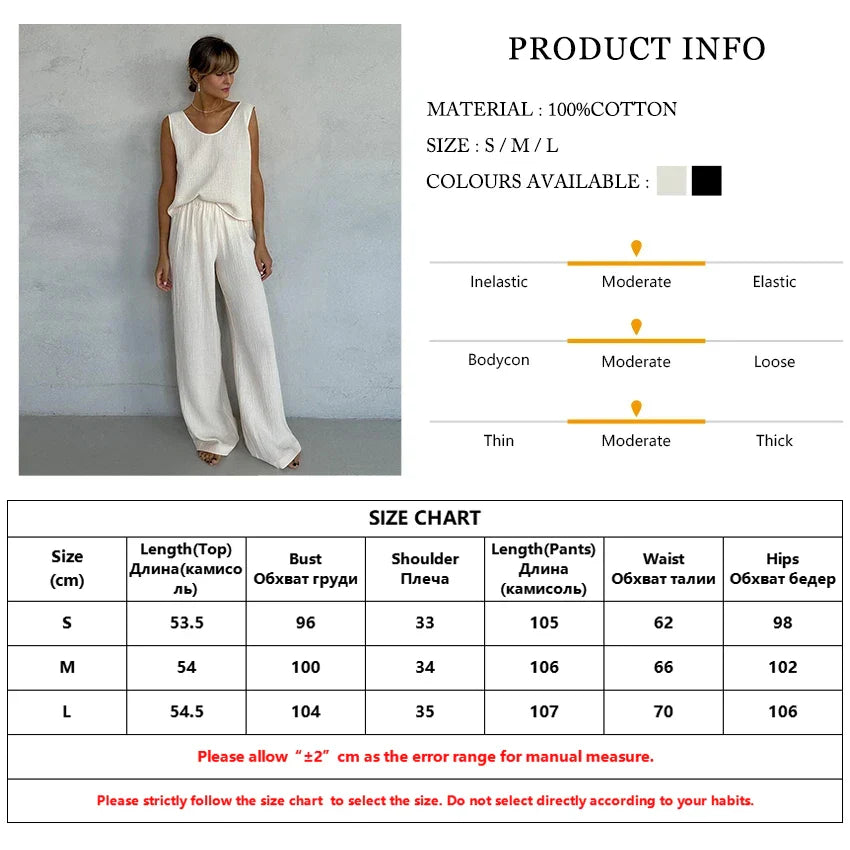 Vacation Outfit Set- Comfy Loungewear Set Textured Cotton Tank Top & Loose Pants- - Pekosa Women Fashion