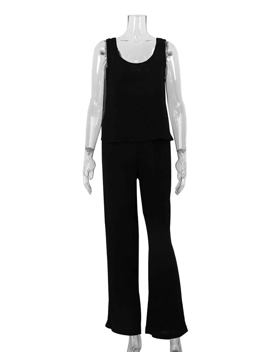 Vacation Outfit Set- Comfy Loungewear Set Textured Cotton Tank Top & Loose Pants- - Pekosa Women Fashion