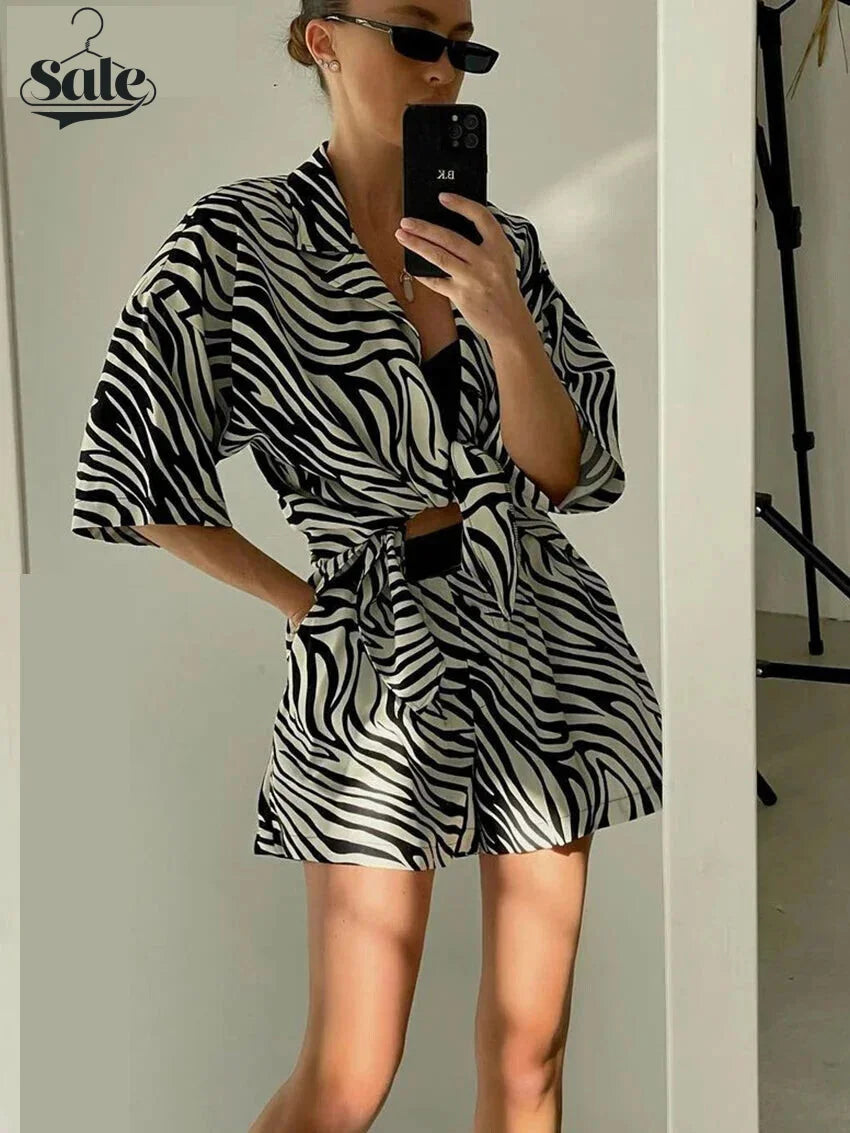 Vacation Outfit Set- Women's 2 Piece Zebra Print Shirt & Shorts in Hawaiian Style- - Pekosa Women Fashion