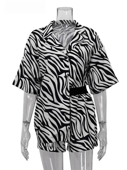 Vacation Outfit Set- Women's 2 Piece Zebra Print Shirt & Shorts in Hawaiian Style- - Pekosa Women Fashion