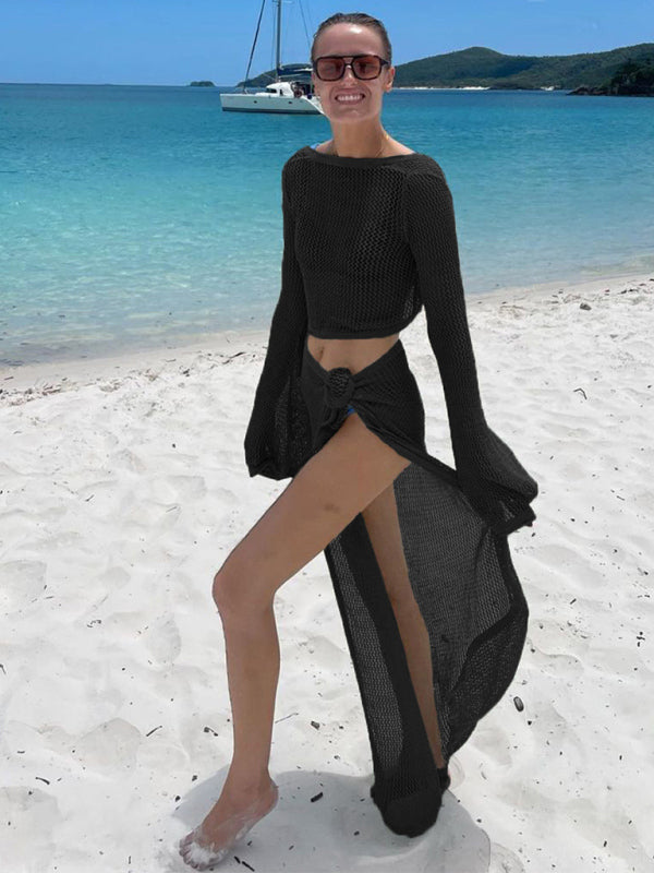 Vacation Sets - Mesh Beach Cover-Up for Vacation Skirt and Tie Top in Knit