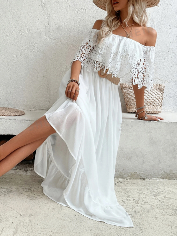 Vacay Dresses- Beach Wedding Off-Shoulder Maxi Dress with Lace Pane- - Pekosa Women Fashion