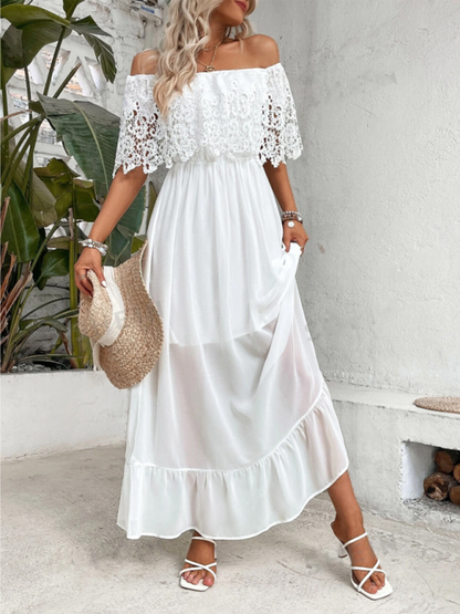 Vacay Dresses- Beach Wedding Off-Shoulder Maxi Dress with Lace Pane- White- Pekosa Women Fashion