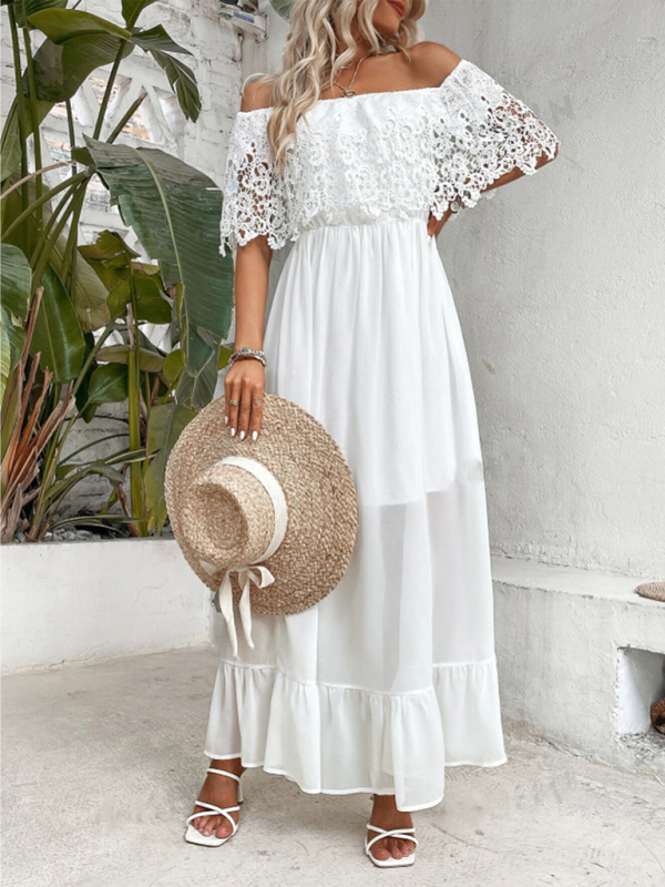 Vacay Dresses- Beach Wedding Off-Shoulder Maxi Dress with Lace Pane- - Pekosa Women Fashion