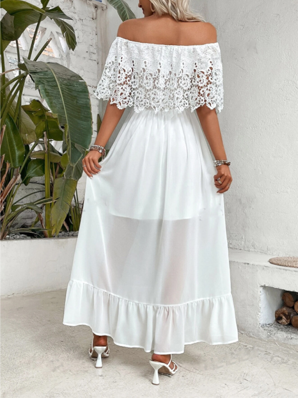 Vacay Dresses- Beach Wedding Off-Shoulder Maxi Dress with Lace Pane- - Pekosa Women Fashion