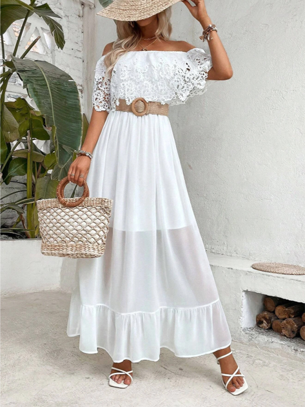 Vacay Dresses- Beach Wedding Off-Shoulder Maxi Dress with Lace Pane- - Pekosa Women Fashion