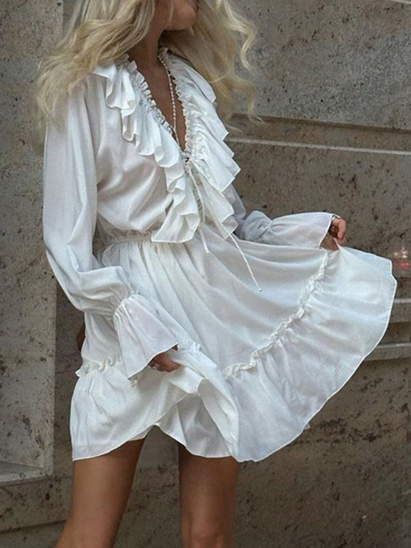 Vacay Dresses- Lantern Sleeves Women's Solid A-Line Vacation Dress with Ruffle Neckline- - Pekosa Women Fashion