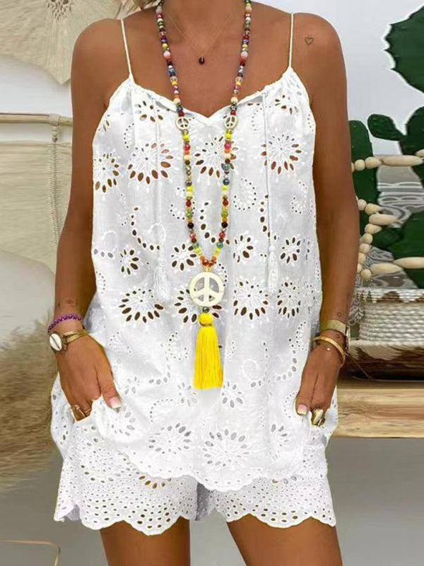 Vacay Outfits- Vacay Embroidered Shorts & Cami Top 2 Piece Set in Cotton Blend- White- Pekosa Women Fashion