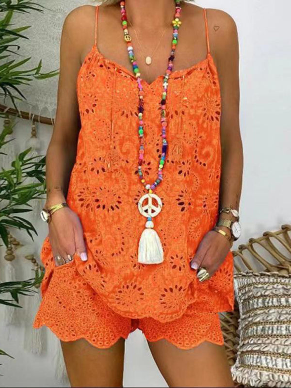 Vacay Outfits- Vacay Embroidered Shorts & Cami Top 2 Piece Set in Cotton Blend- Orange- Pekosa Women Fashion