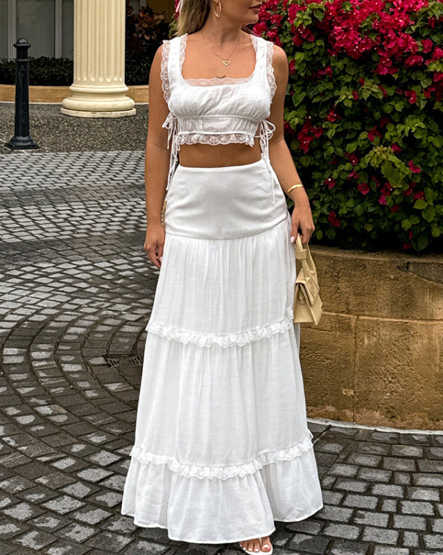 Vacay Outfits- Vacay Textured 2 Piece Outfit with Lace-Up Crop Top & Ruffle Maxi Skirt- White- Chuzko Women Clothing