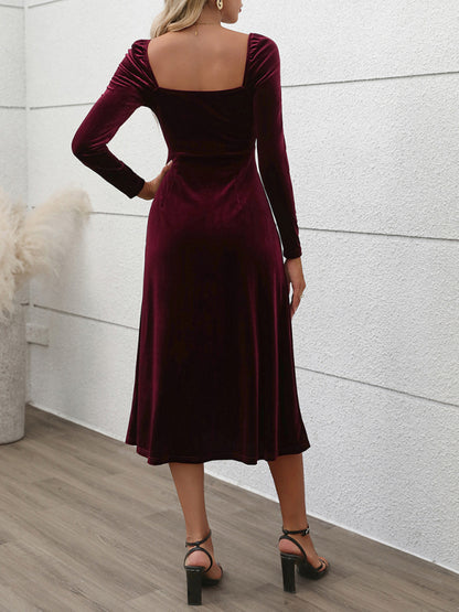 Velvet Dresses - Classic Hollywood Elegant Burgundy Midi Dress