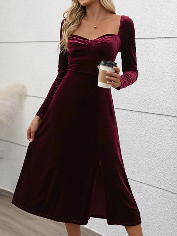 Velvet Dresses - Classic Hollywood Elegant Burgundy Midi Dress