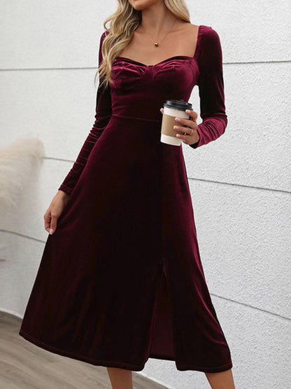 Velvet Dresses - Classic Hollywood Elegant Burgundy Midi Dress