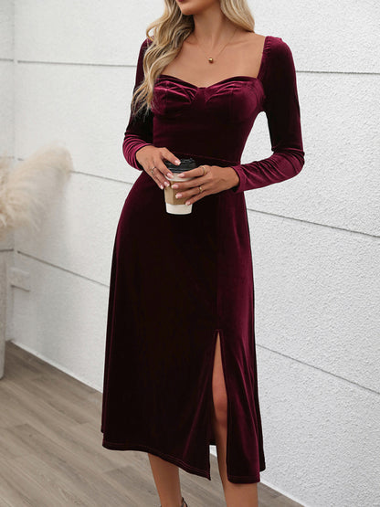 Velvet Dresses - Classic Hollywood Elegant Burgundy Midi Dress