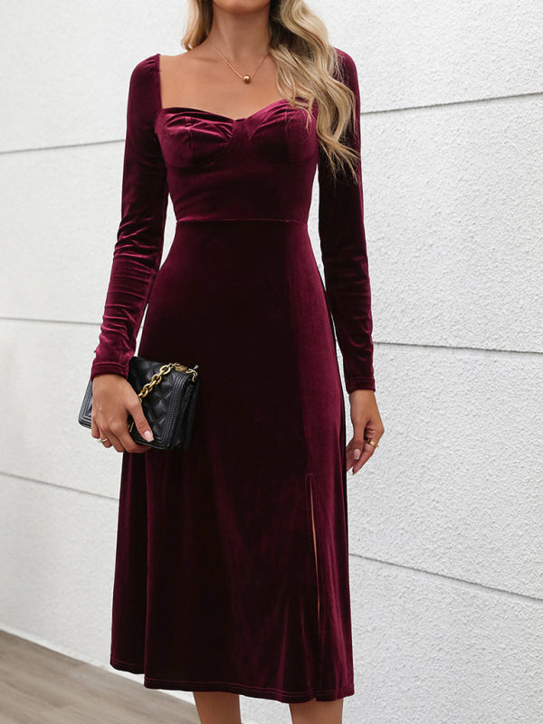 Velvet Dresses - Classic Hollywood Elegant Burgundy Midi Dress