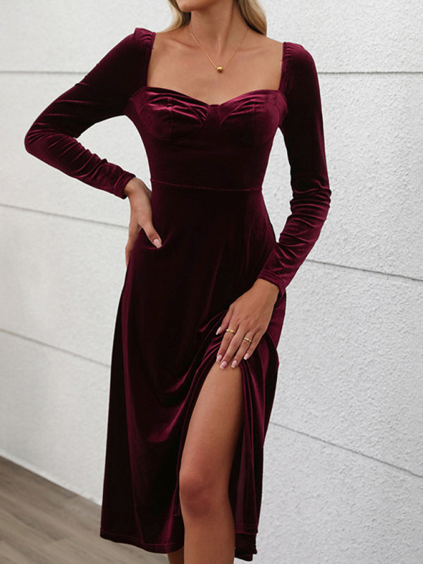 Velvet Dresses - Classic Hollywood Elegant Burgundy Midi Dress