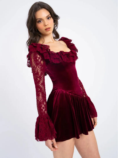 Velvet Dresses - Flare & Lace Vintage Velvet Ruffle Dress