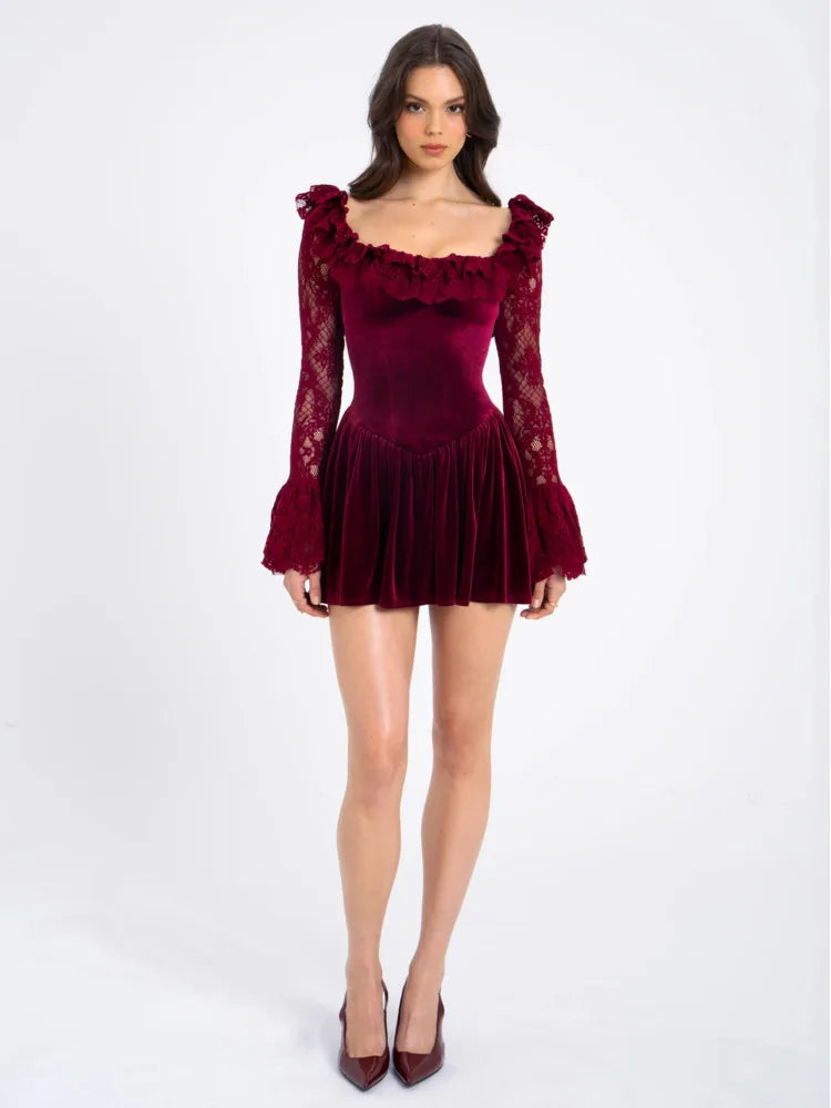 Velvet Dresses - Flare & Lace Vintage Velvet Ruffle Dress