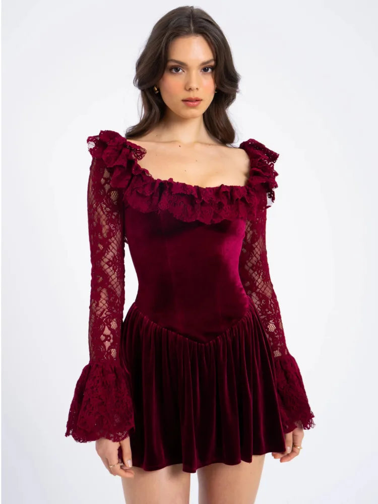 Velvet Dresses - Flare & Lace Vintage Velvet Ruffle Dress