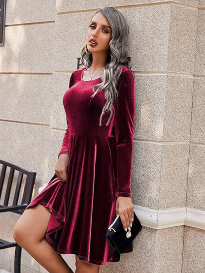 Velvet Dresses - Holiday Velour Burgundy Velvet Flare Dress