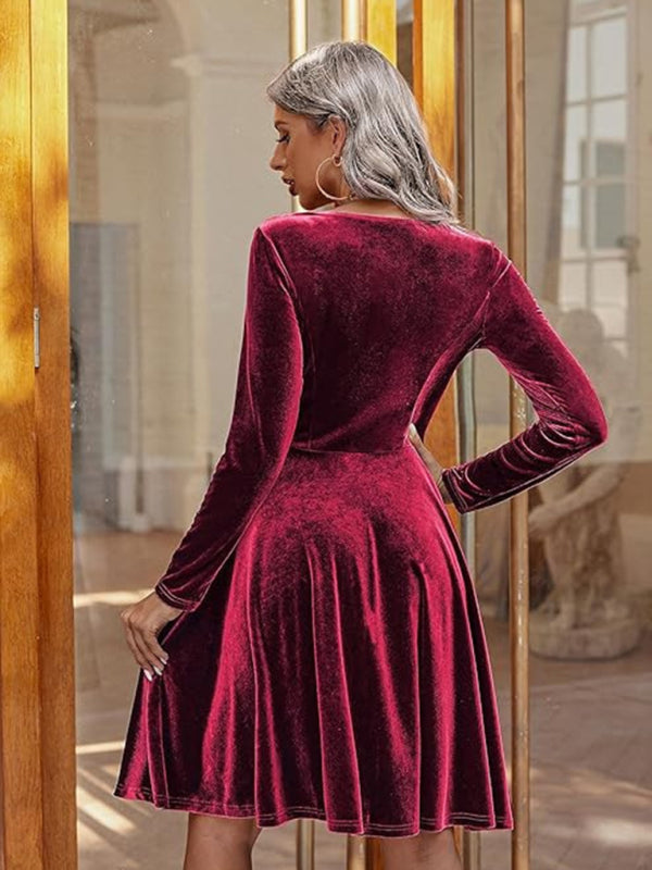 Velvet Dresses - Holiday Velour Burgundy Velvet Flare Dress