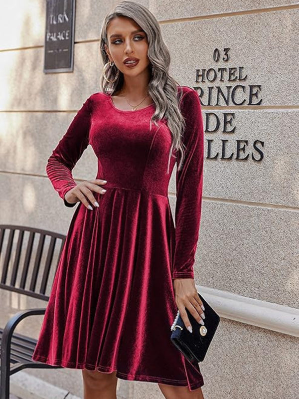 Velvet Dresses - Holiday Velour Burgundy Velvet Flare Dress