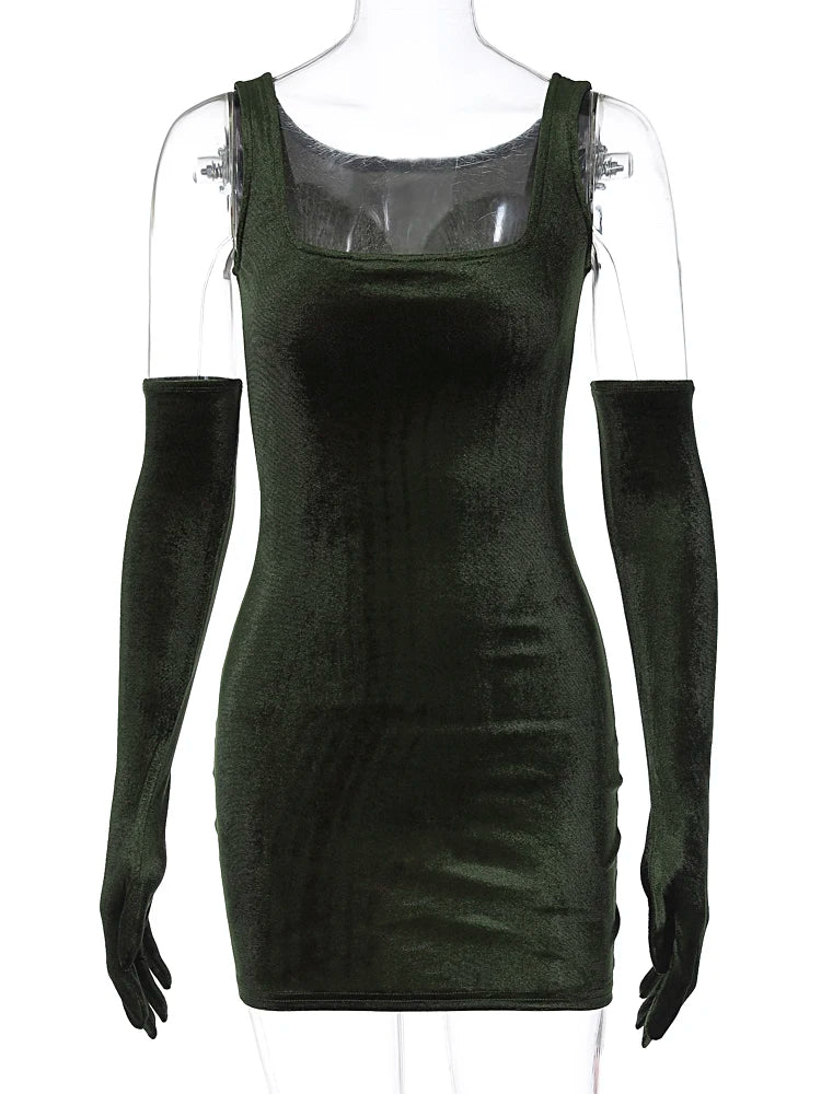 Velvet Dresses - Trendy Green Velvet Party Dress & Gloves