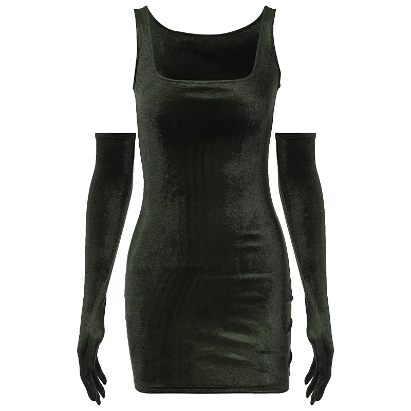 Velvet Dresses - Trendy Green Velvet Party Dress & Gloves