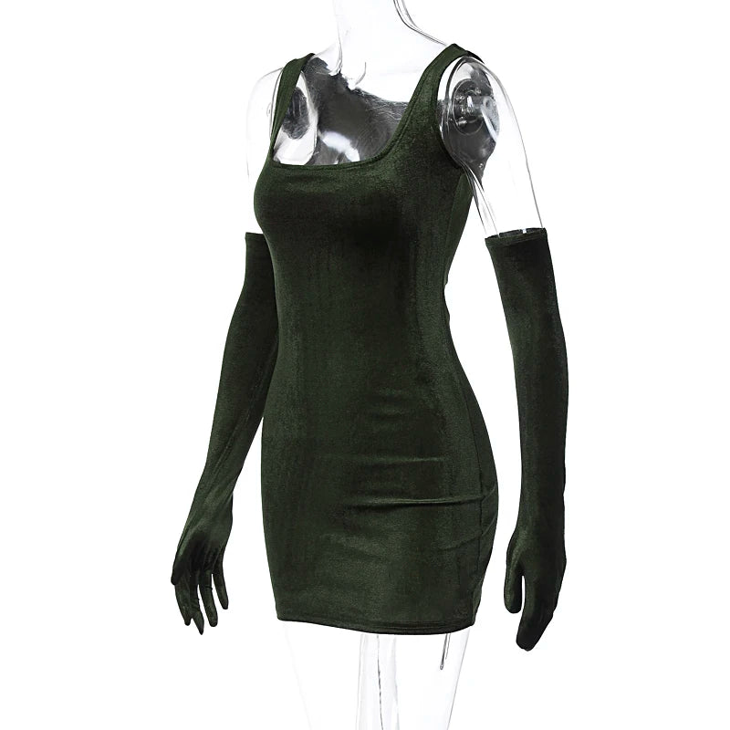 Velvet Dresses - Trendy Green Velvet Party Dress & Gloves