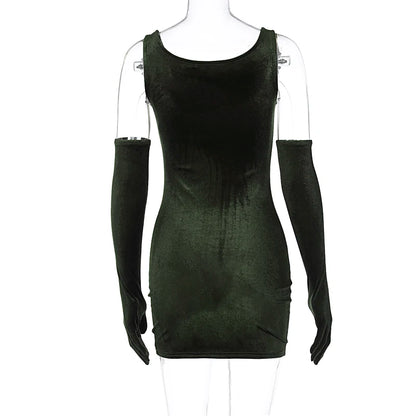 Velvet Dresses - Trendy Green Velvet Party Dress & Gloves