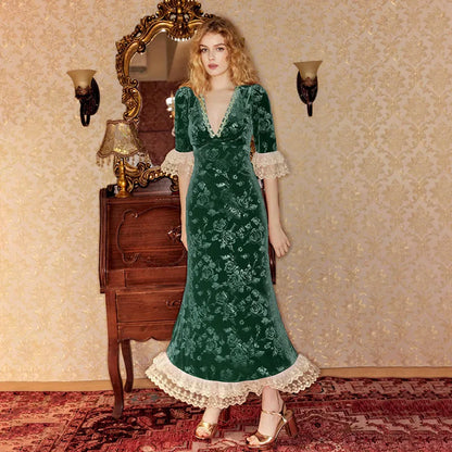 Velvet Dresses - Vintage-Inspired Mermaid Velvet Dress with Lace Details