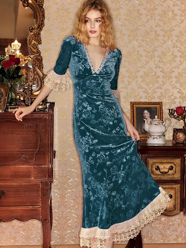 Velvet Dresses - Vintage-Inspired Mermaid Velvet Dress with Lace Details