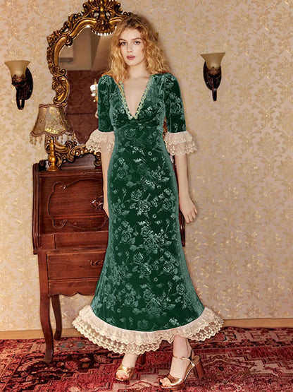 Velvet Dresses - Vintage-Inspired Mermaid Velvet Dress with Lace Details