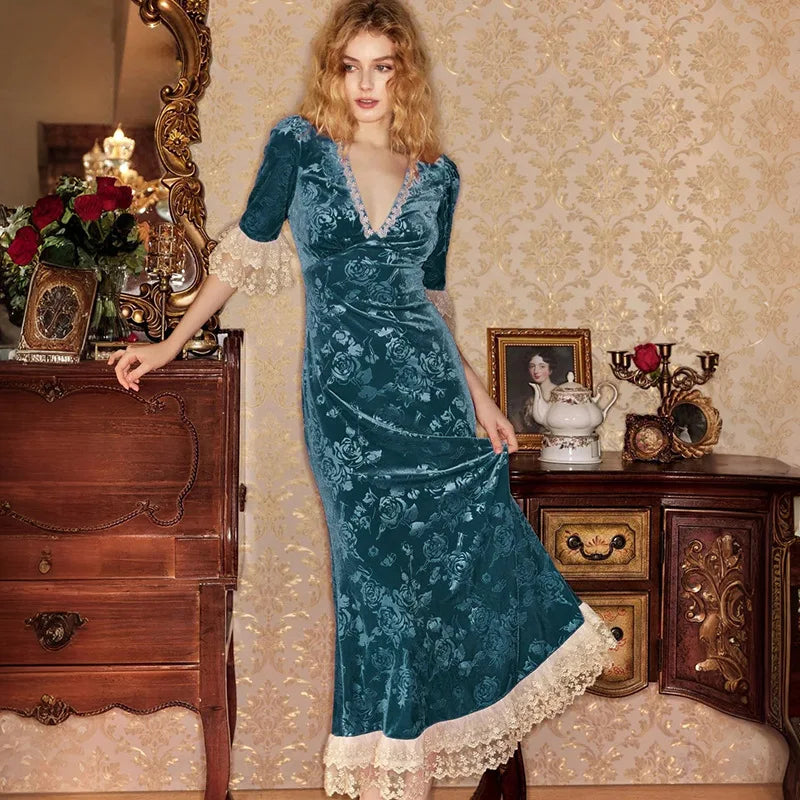 Velvet Dresses - Vintage-Inspired Mermaid Velvet Dress with Lace Details