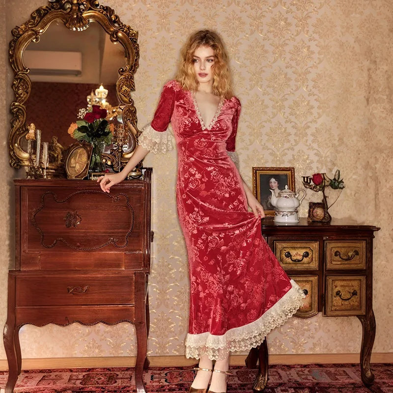 Velvet Dresses - Vintage-Inspired Mermaid Velvet Dress with Lace Details