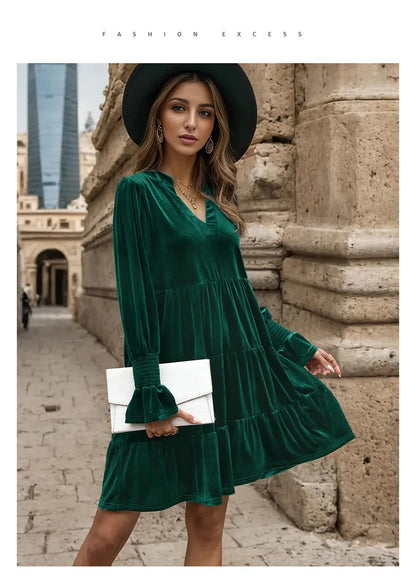 Velvet Dresses- Women Elegant Velvet Dress Long Sleeve Solid Loose High Waist V-Neck Midi Dresses Evening Party Chic Lady Robe Christmas Clothes